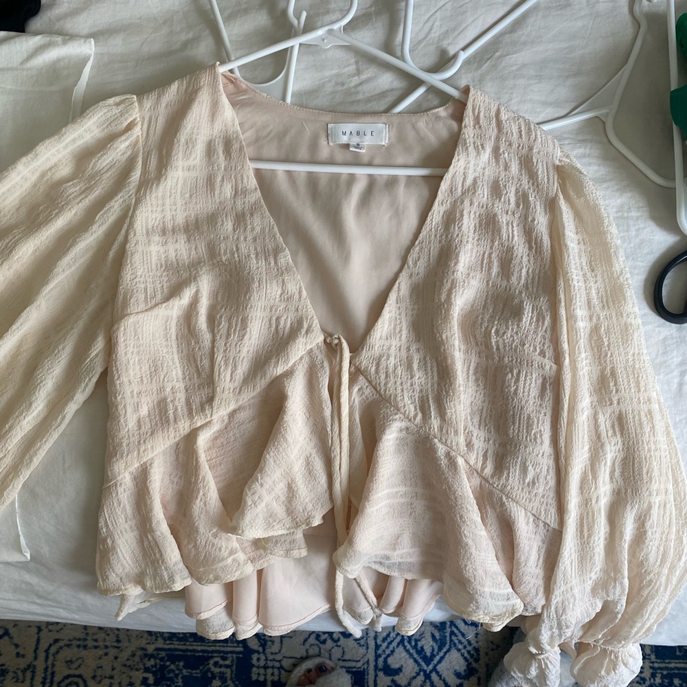 Beige ruffle long sleeve blouse